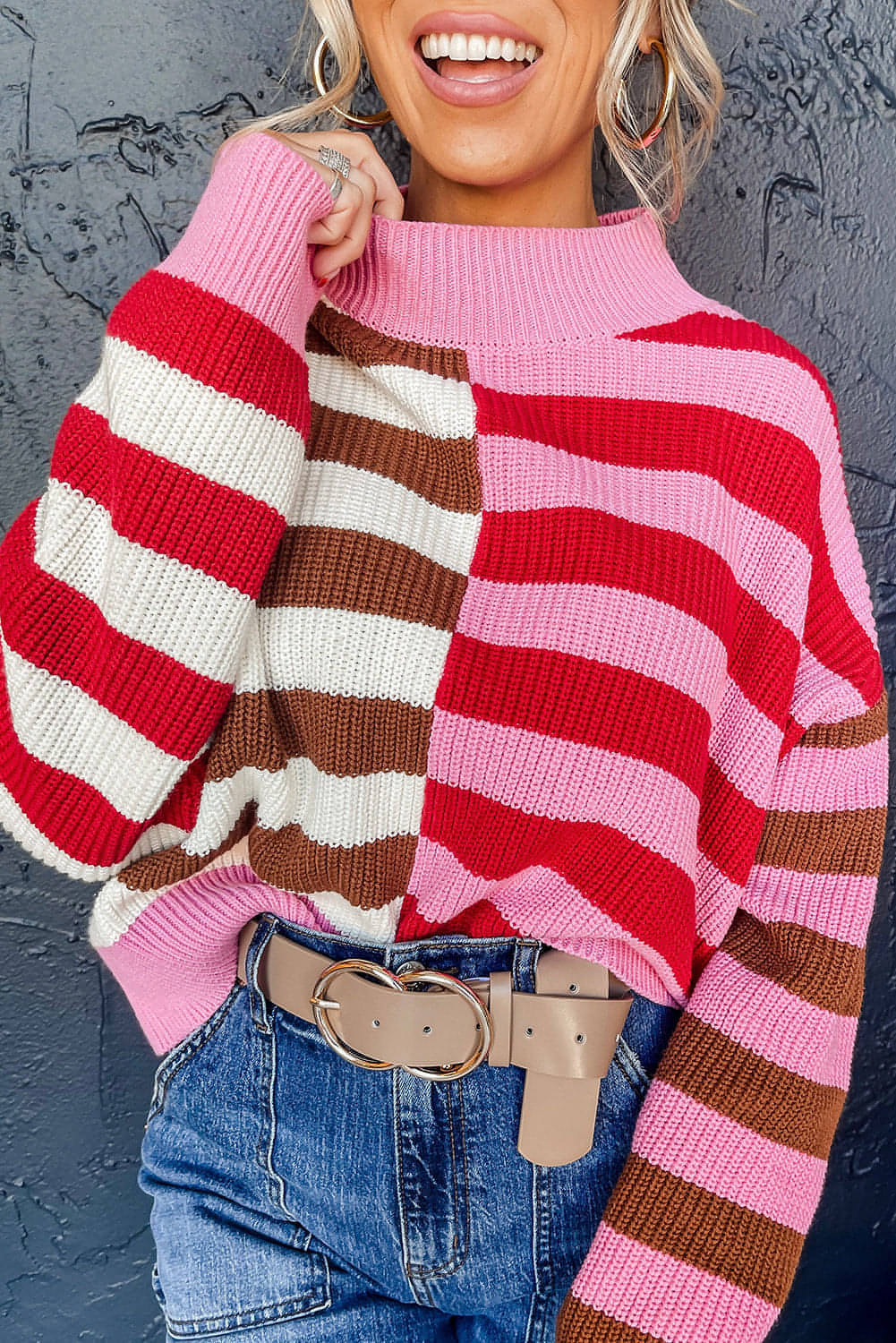 Rosa Stripe Color Block Høyhals Drop Shoulder Løs genser