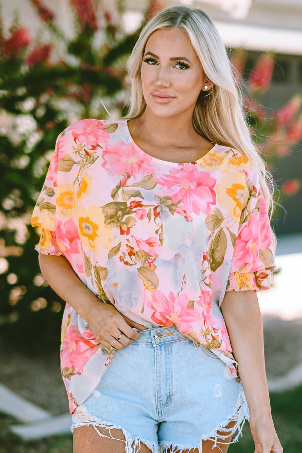 Mangue shirred 3/4 Blusa floral de manga solta