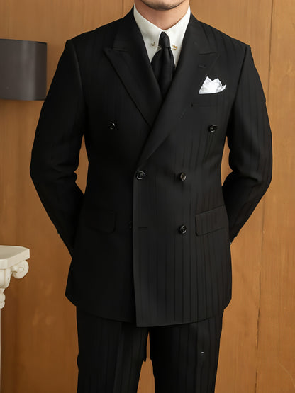 Handsome Man Versatile Black Striped Double Breasted Suit