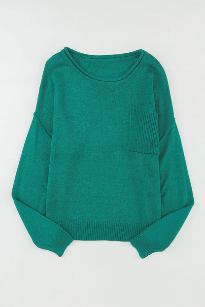 Grüne Feste Farbe von Schulterrippenstrickpullover mit Tasche