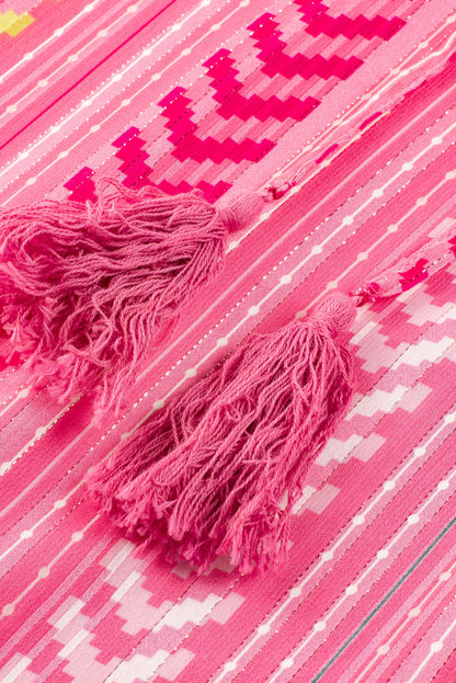 Falda larga con volantes, cordón y borlas con estampado bohemio rosa