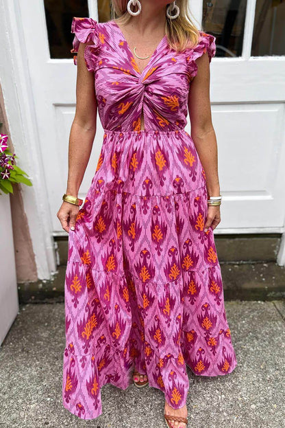 Bonbon Retro Print Twisted Twisted Front Ruffled Maxi Dress