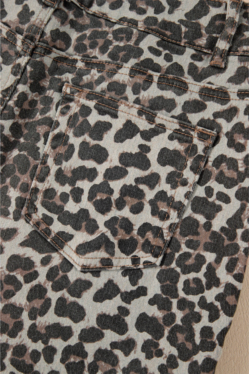 Kaki leopard denim minikjol