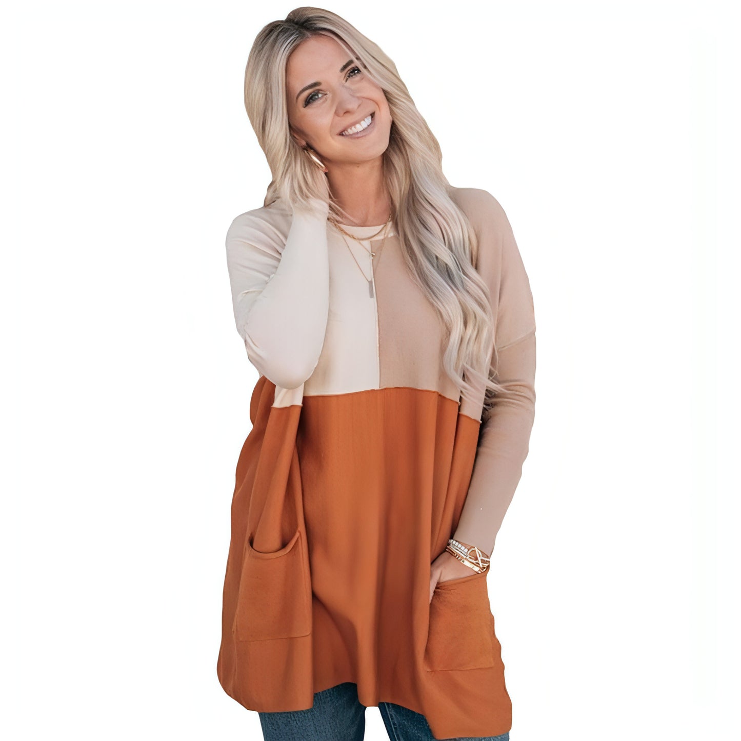 Women's Orange Pocket Color Matching Long-sleeved Top T-shirt