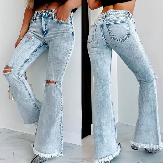 Zerrissene Jeans mit hoher Taille und Waschung für Damen in Hellblau