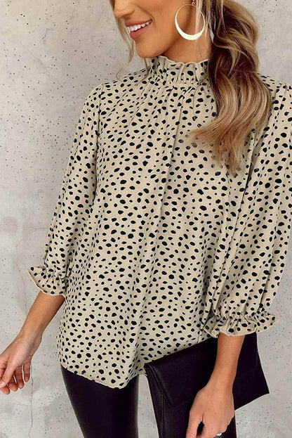 Kaki frilled nacke 3/4 ärmar cheetah blus