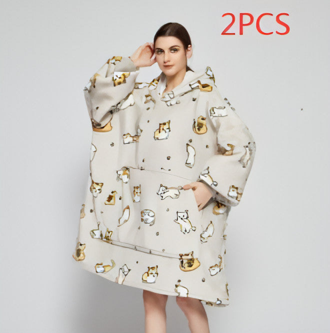 Double Layer Lazy Blanket Pullover Flannel Hooded Double Layer Sweater Women