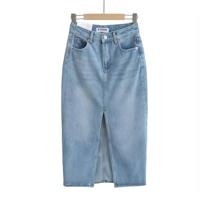 A1. Front Slit Hem Lock Street Denim Skirt