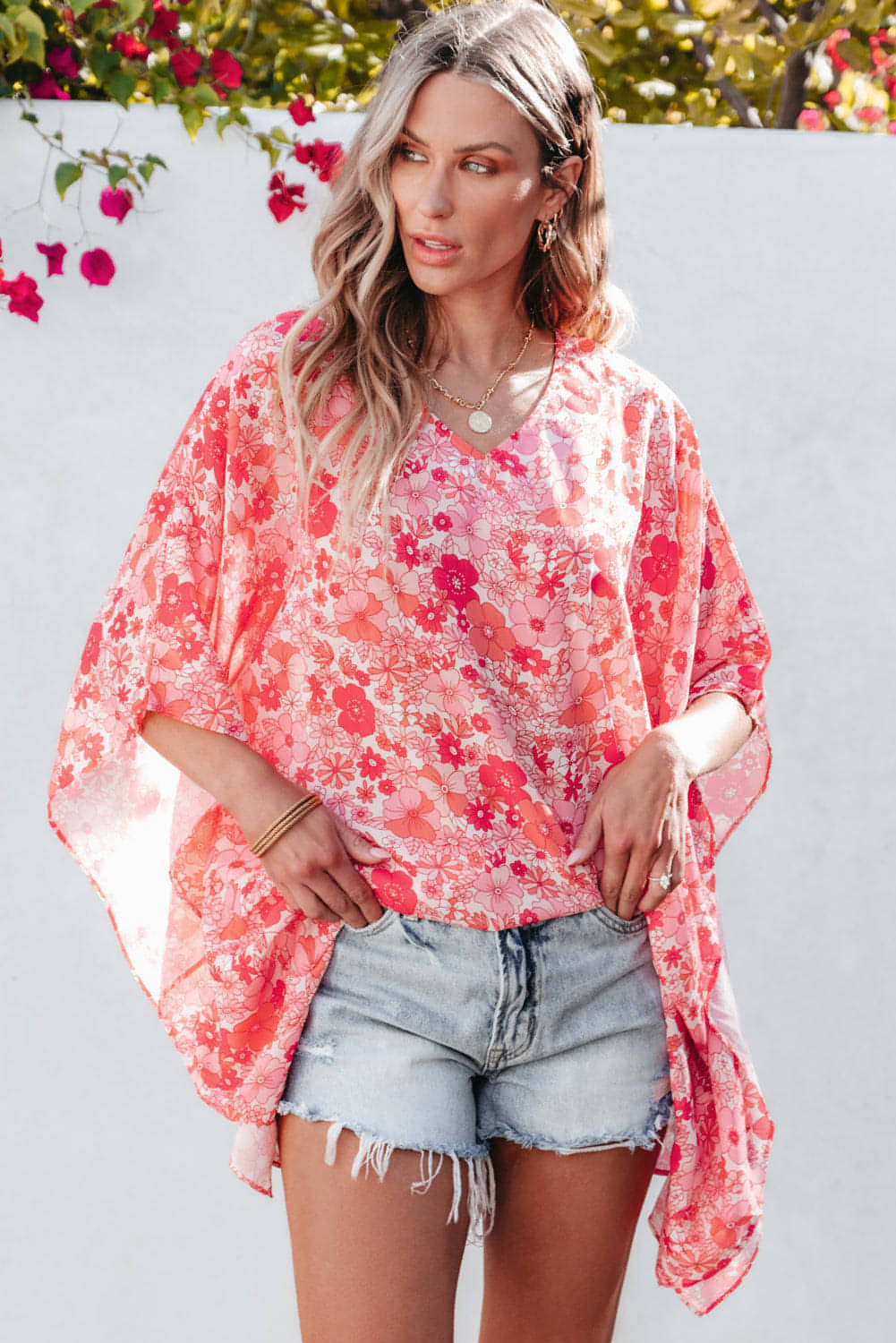 Pink boho floral v vratu kimono v stilu bluza