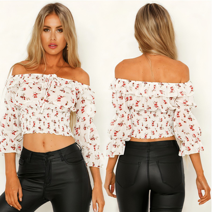 Top de tubo estampado de manga corta plisado con cuello de un solo pecho Ropa de mujer de primavera y verano (Camiseta)