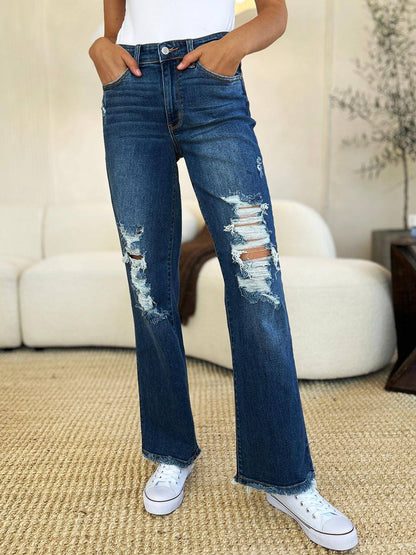 Jeans Judy blu a grandezza naturale a vita media con orlo grezzo invecchiato