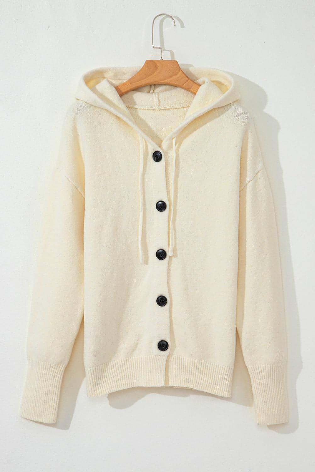 White Drawstring Hooded Button Up Drop Shoulder Sweater Cardigan