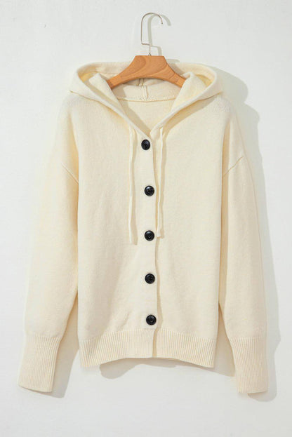 White Drawstring Hooded Button Up Drop Shoulder Sweater Cardigan