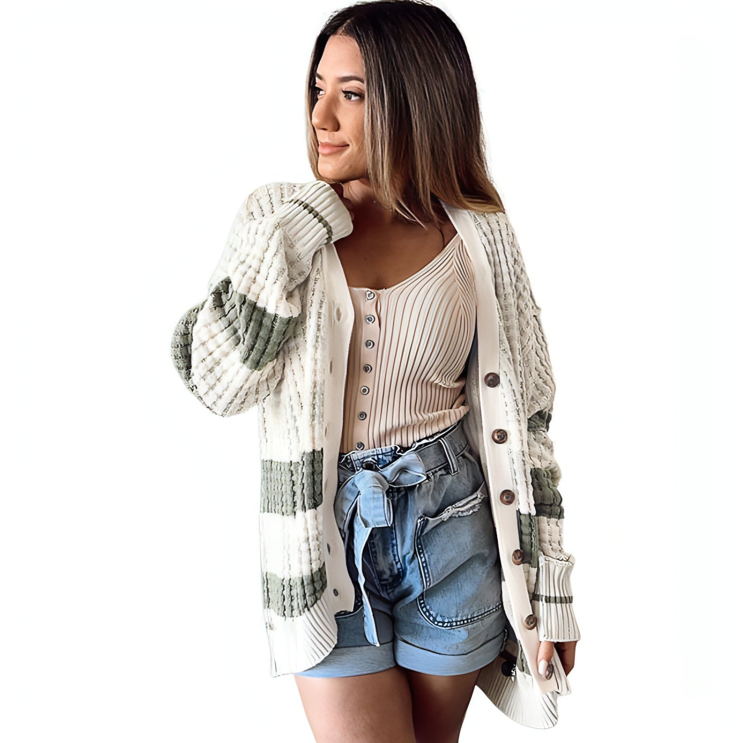 Women's Color Matching Long-sleeved Cardigan Loose Sweater