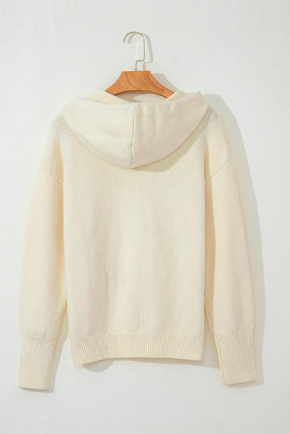 White Drawstring Hooded Button Up Drop Shoulder Sweater Cardigan