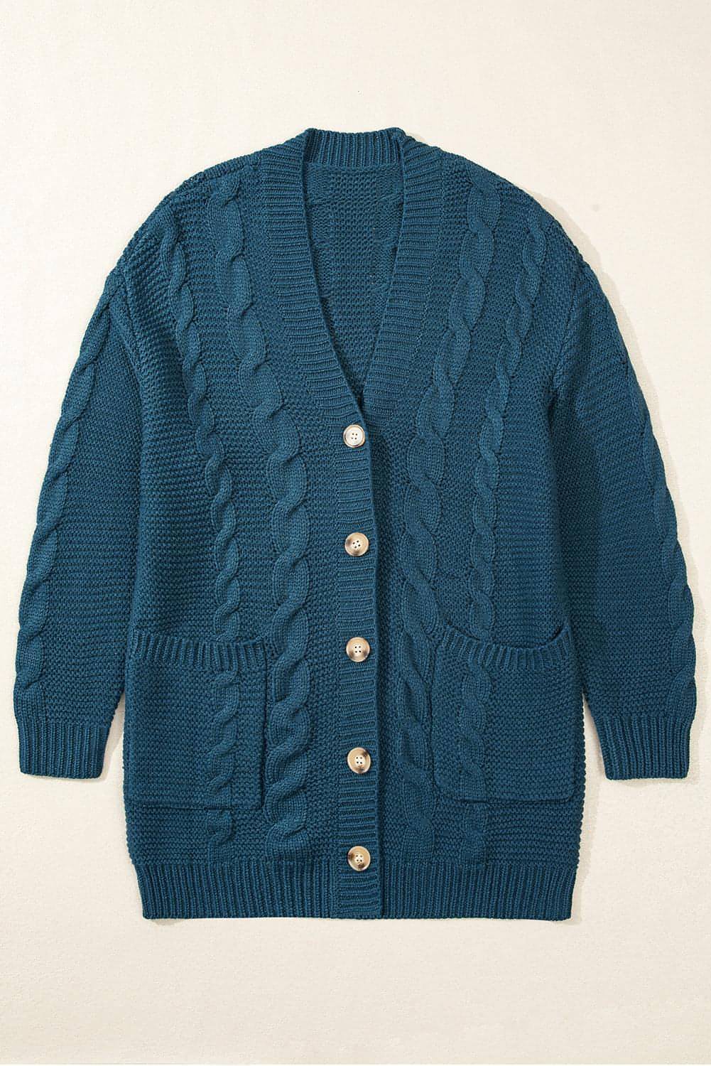 Pfauenblau -Kabel -Knit -Knopf -Vordertaschen mit Baggy Strickjacke