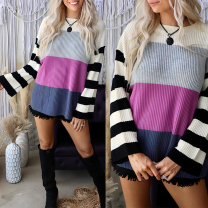 Striped Round Neck Long Sleeve Hit Color Casual Loose Sweater