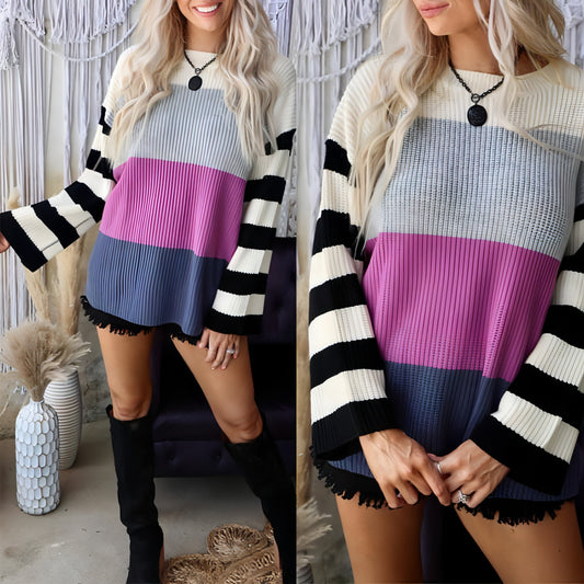 Striped okrogel vrat z dolgim ​​rokavom Hit Color Casual Loose Pulover