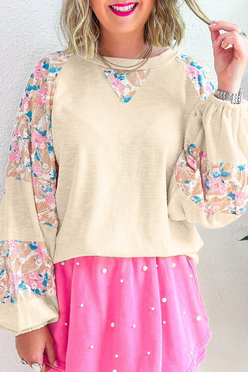 Blusa de manga de balão floral texturizada de damasco