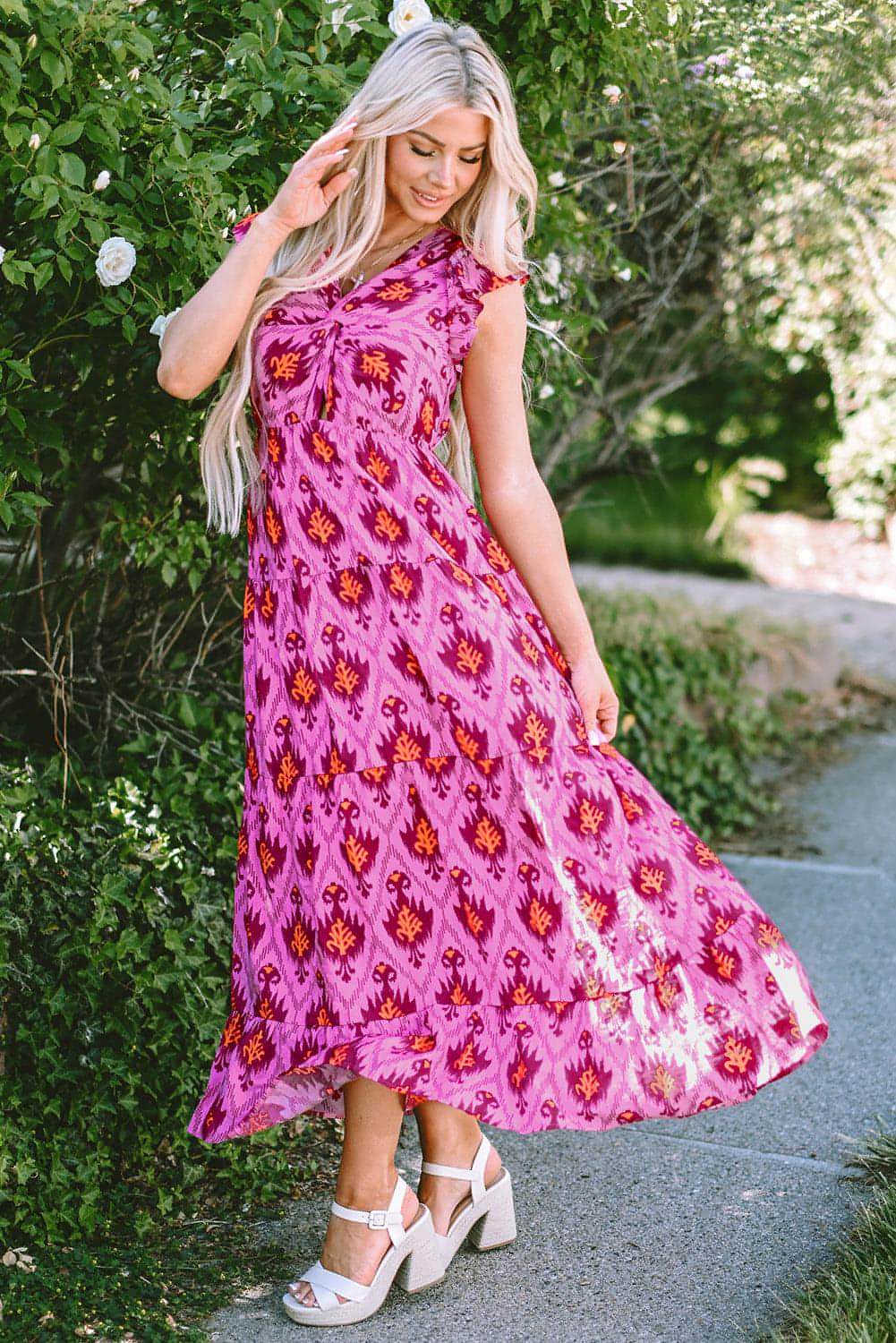 Bonbon Retro Print Twisted Twisted Front Ruffled Maxi Dress