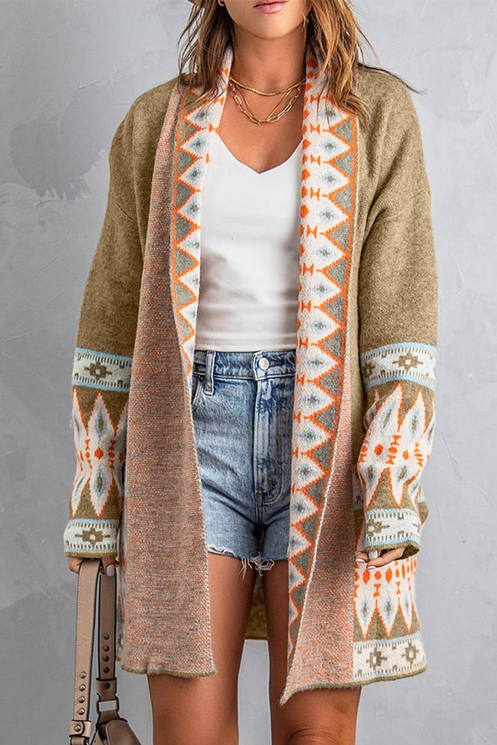 Khaki Aztec Print Open Front Strick Cardigan