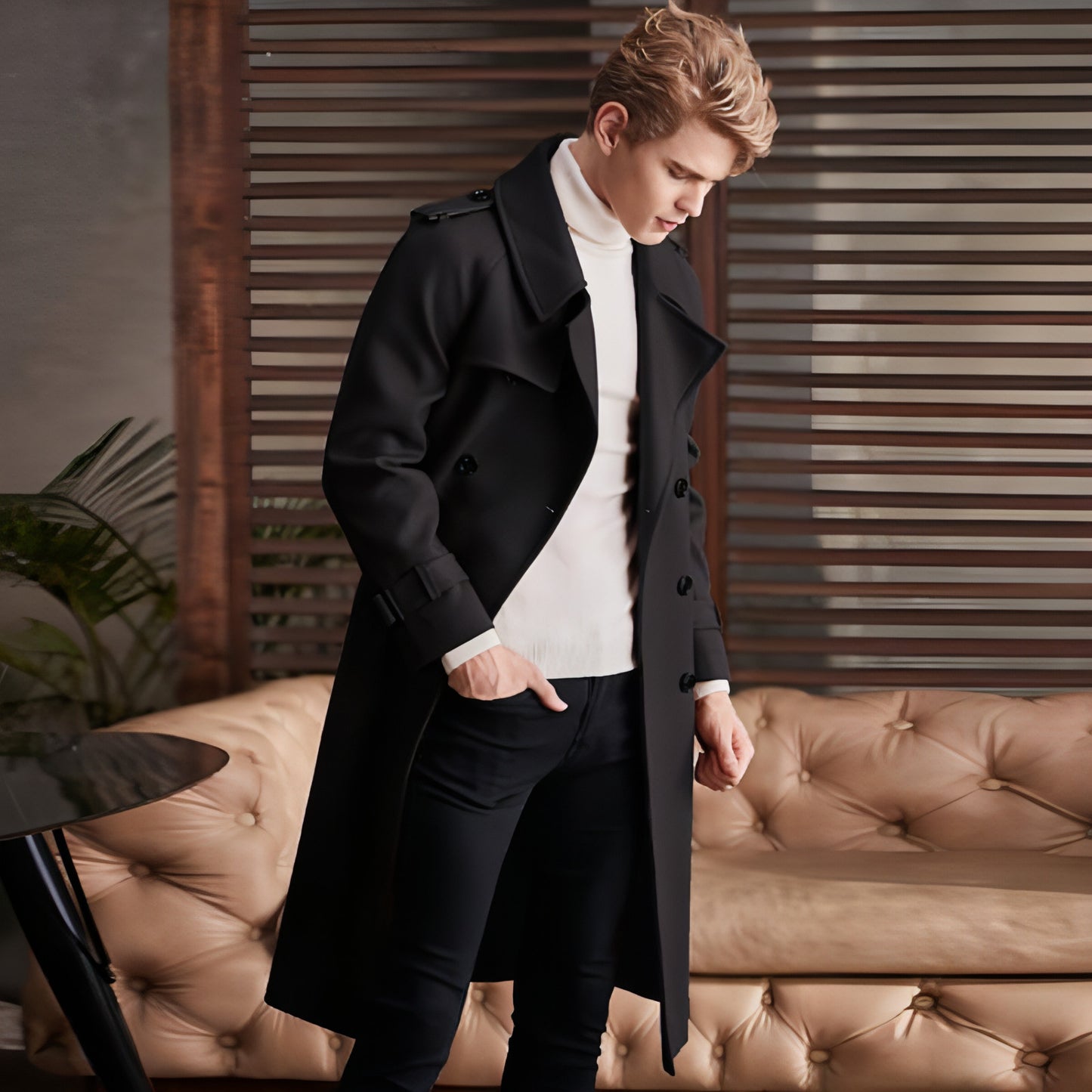 Men's Double Breasted Knee Length Woolen Trench Coat