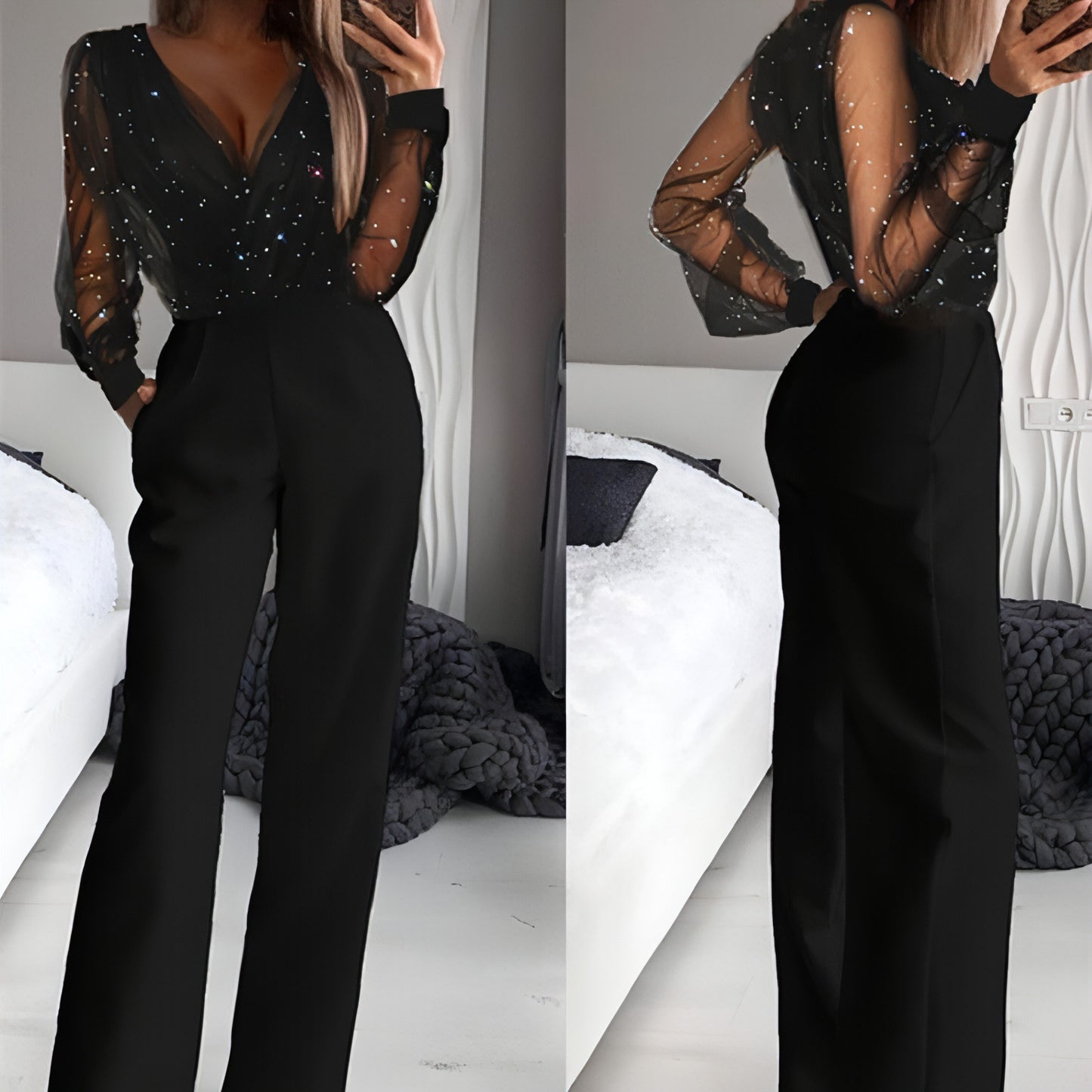 Trendy Glänzender Mesh-Stoffstaubpuder-Nähte High-End Eleganter Jumpsuit