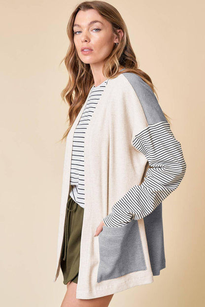 Black Stripe ColorBlock Patchwork Open Front Cardigan z žepom