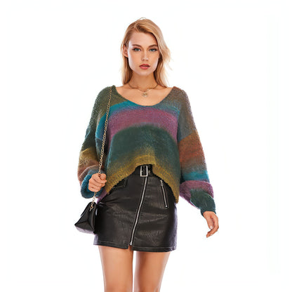 Rainbow Striped V-neck Sweater Loose-fitting Women