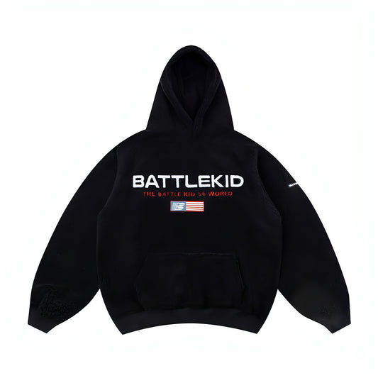 BATTLEKID - Suéter con capucha y bordado del alfabeto de lana de cordero para hombre