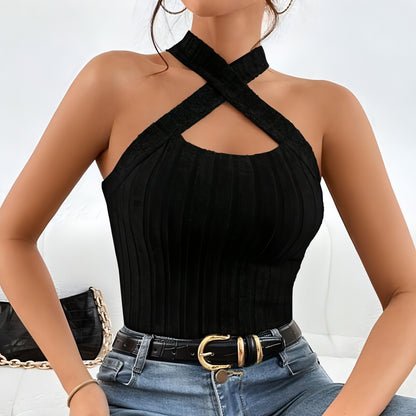 Top de punto cepillado sin mangas con cuello halter para mujer (camiseta)