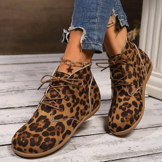 New Lace-up Flat Leopard Print Casual Boots Women