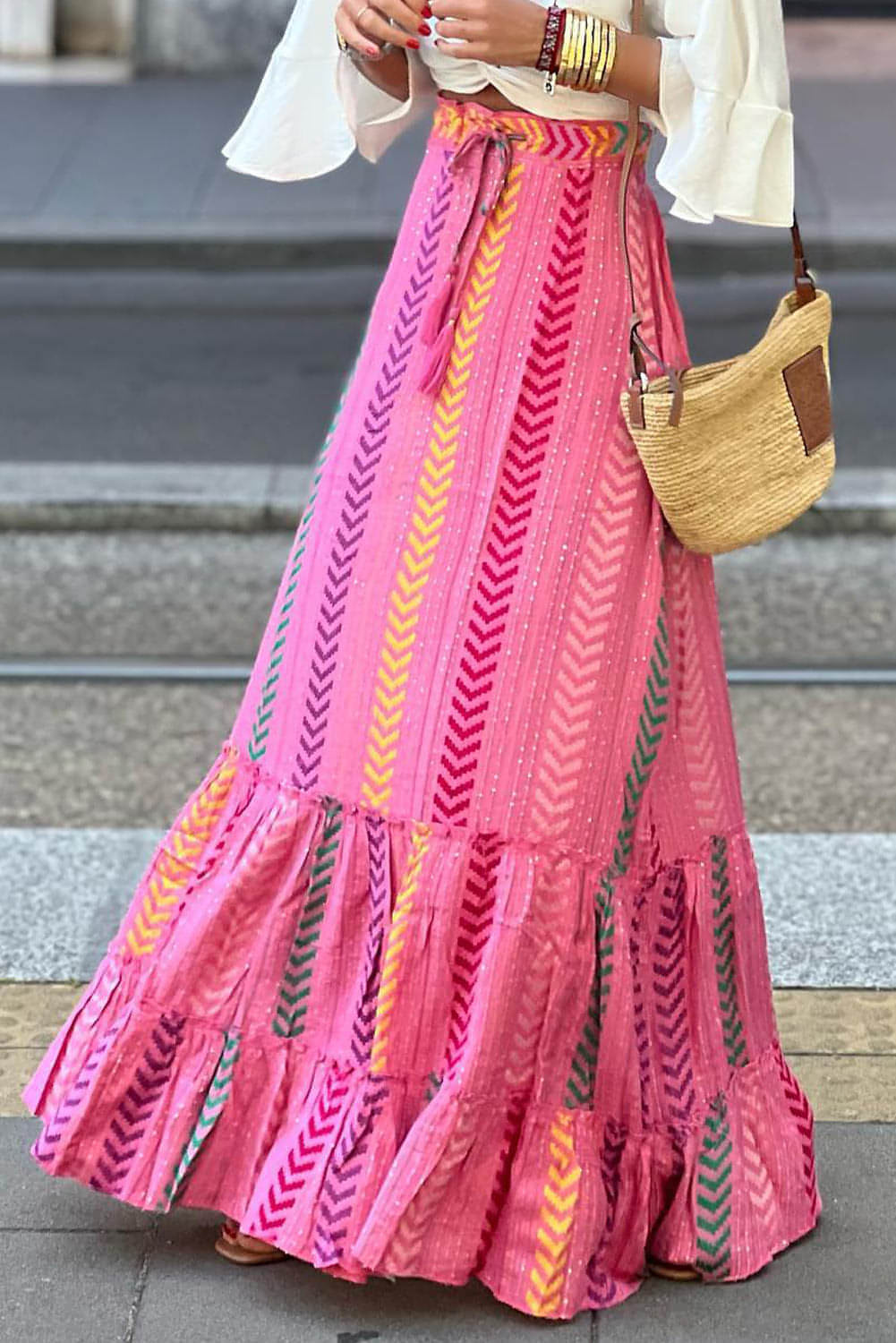 Roze boho bedrukte kwastige trekkoord gegolfd maxi rok