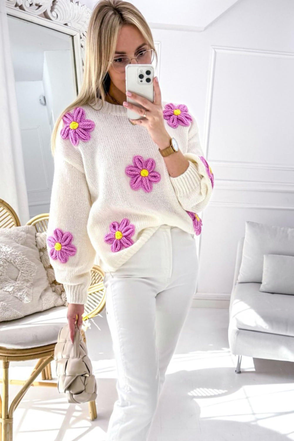 Hvit floral Heklet Chunky Knit Genser