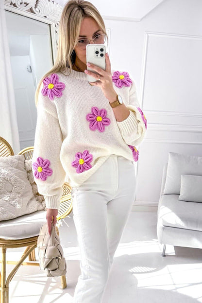 Hvit floral Heklet Chunky Knit Genser