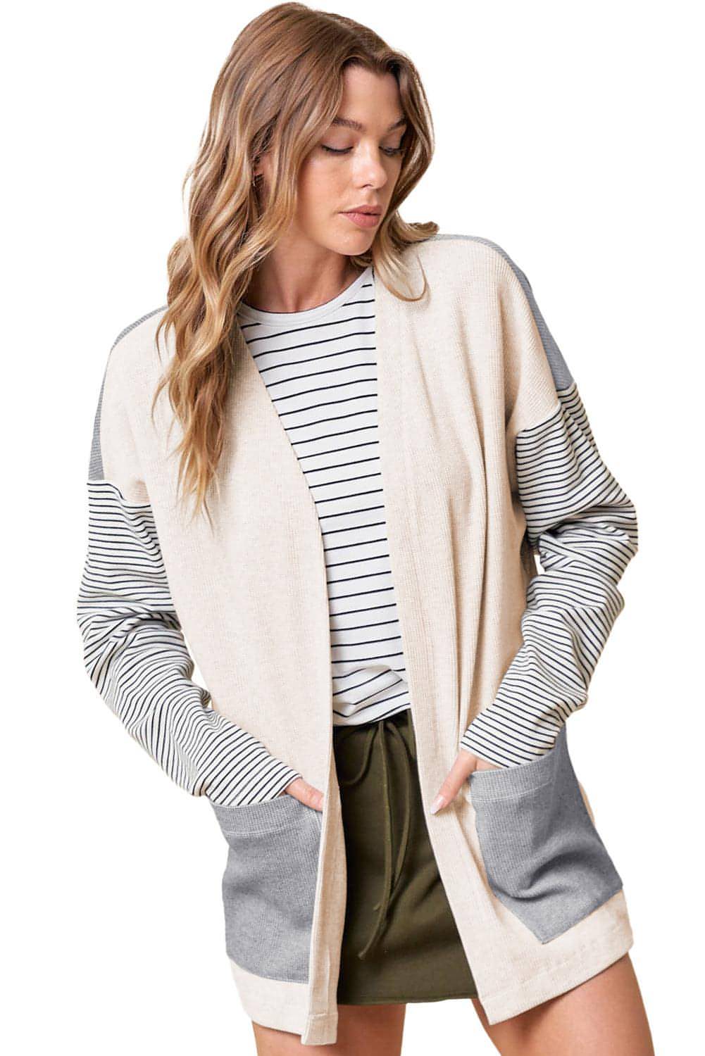 Cardigan anteriore aperto patchwork colorblock a righe nere con tasca