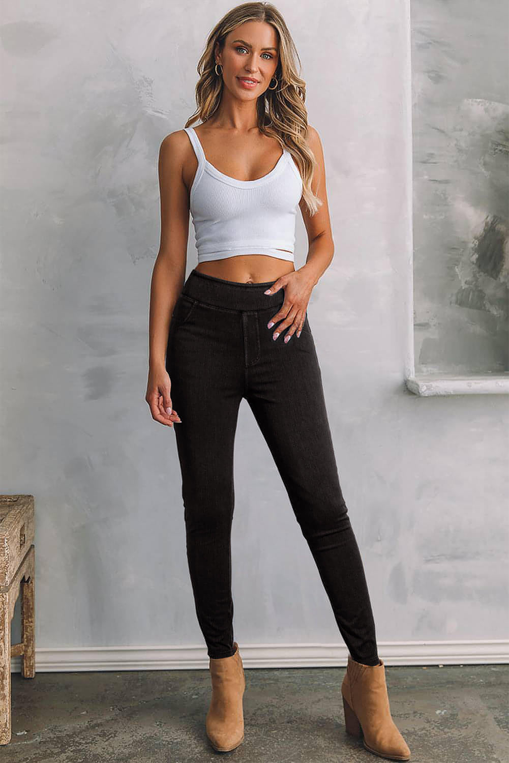 Jeggings ajustados elásticos de cintura alta de color negro sólido