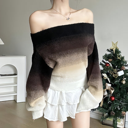 Gradient Off-neck Long-sleeved Woolen Top Women Sweater