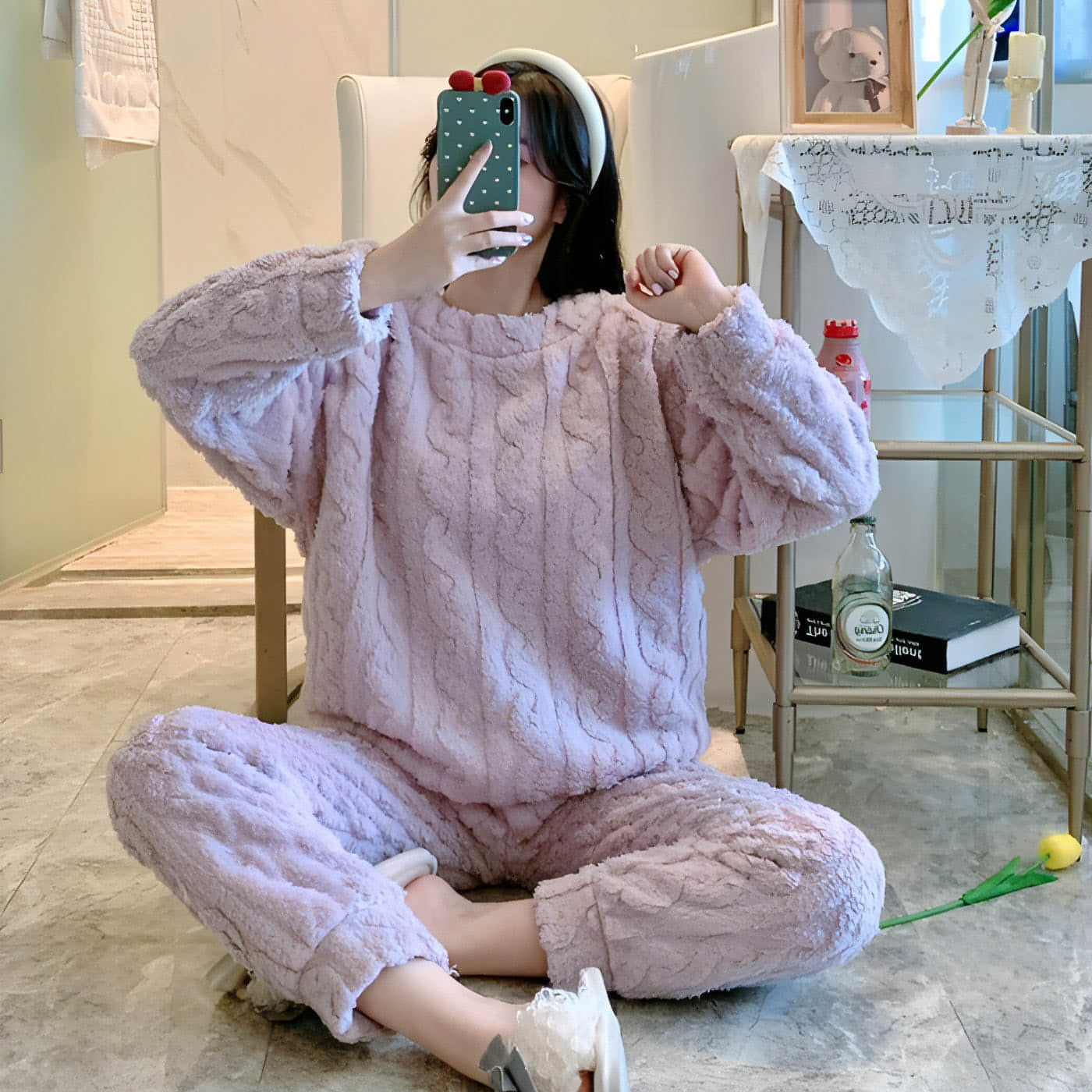 Thick Fleece Pajamas Women's Thermal Round-neck Flannel Homewear Suit