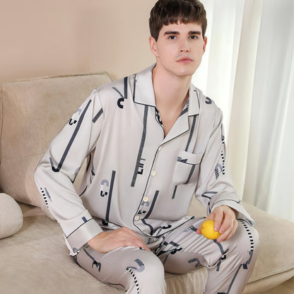 Pijamas de hombre de seda de primavera de manga larga para estar en casa