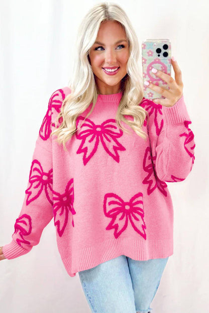 Pink Bow Pattern Drop Shoulder Loose Sweater