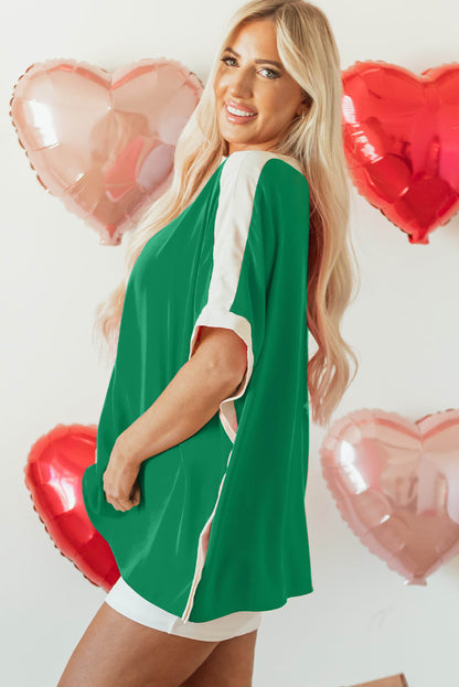 Green Oversized Color Block Boat Neck Tunic Blouse