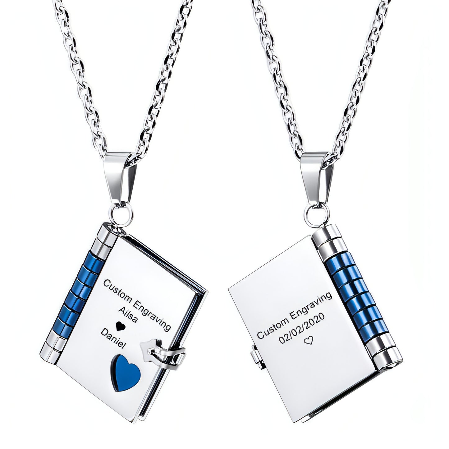 Stainless Steel Couple Book Pendant Necklace With Love