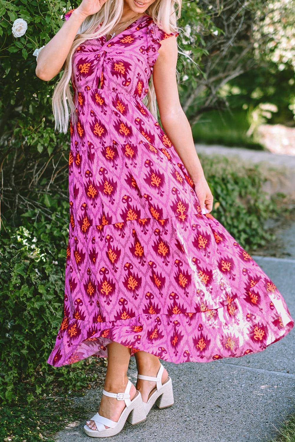 Bonbon Retro Print Twisted Twisted Front Ruffled Maxi Dress