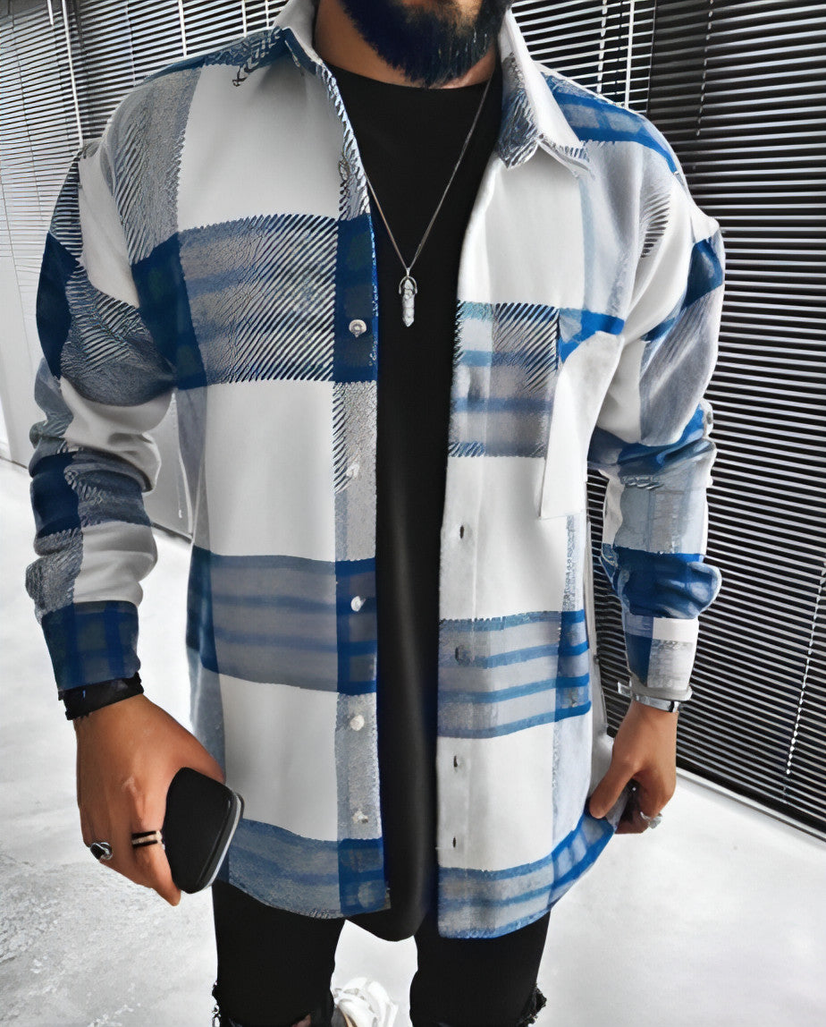 A. Camisa de vestir para hombre, chaqueta de manga larga con bolsillo y cuadros