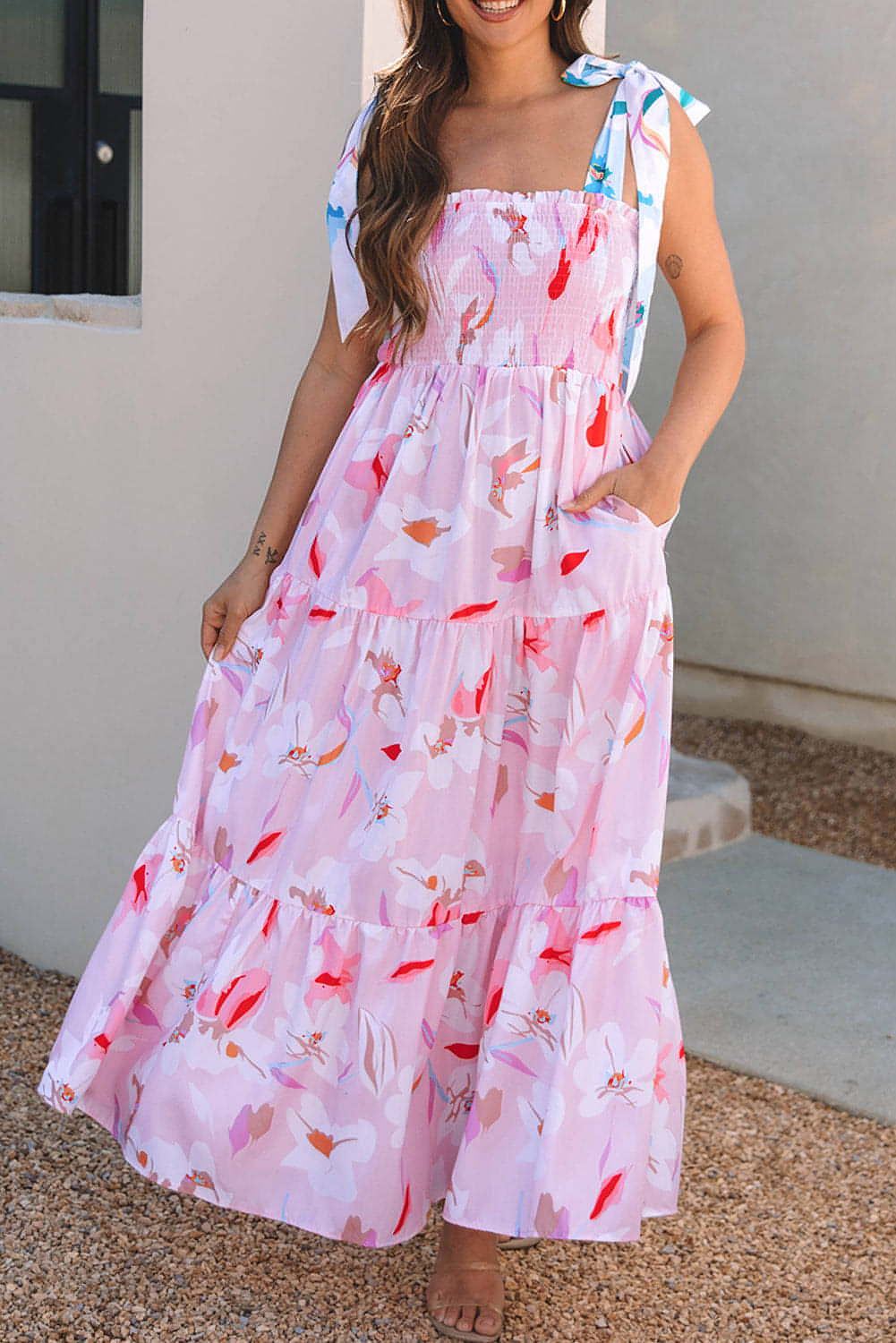 Rosa Floral Print Knotted Shoulder Smocked Maxi Dress