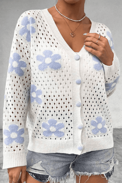 White Flower Knit Hollow Out Open Kort Cardigan