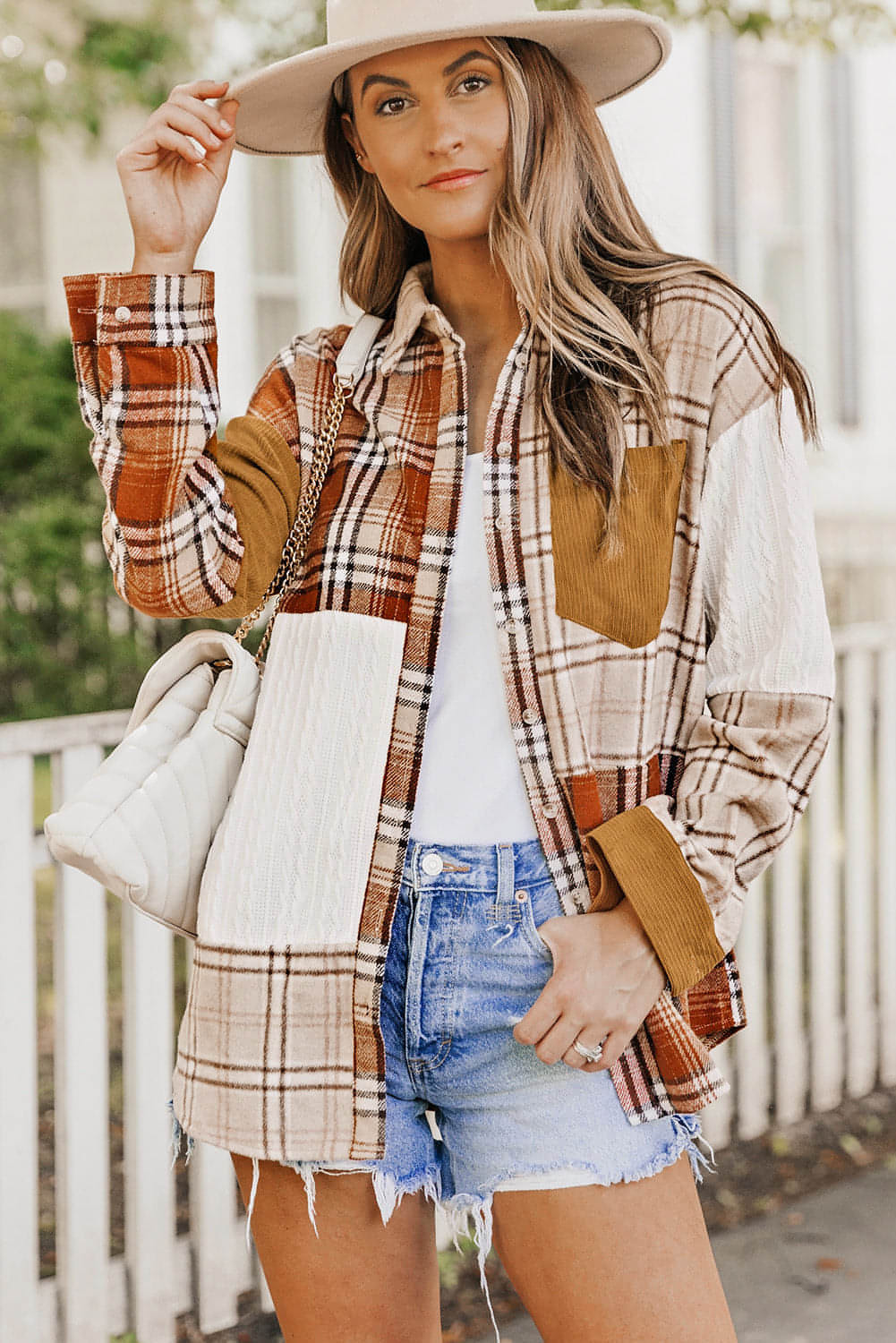 Orange Plaid Farbblock Patchwork -Hemdjacke mit Tasche