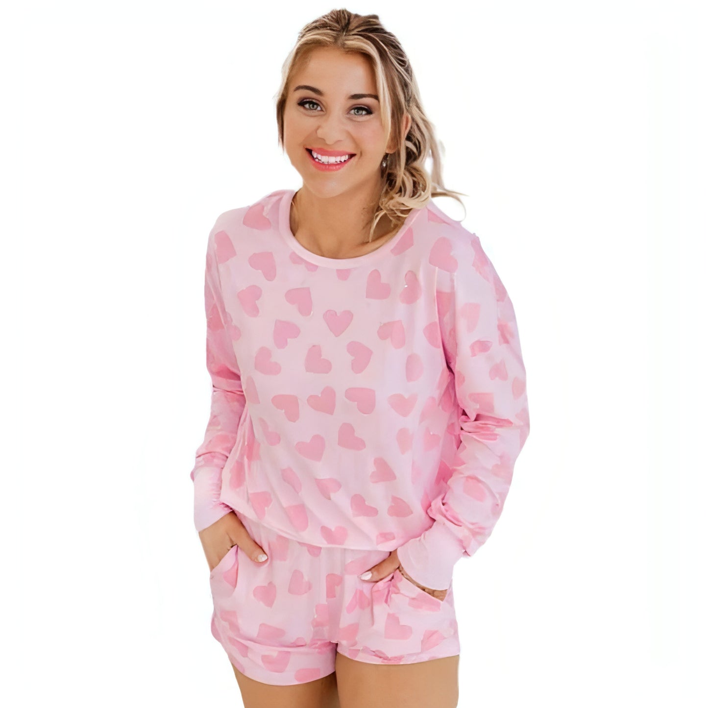 Pijama de dos piezas para mujer con estampado en forma de corazón