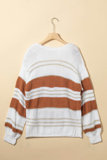 White Striped Knit Puff Sleeve Casual Sweater